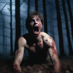 A photorealistic image of an attractive young man in dark woods under a full moon