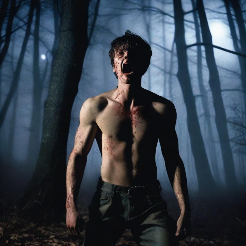 A photorealistic image of an attractive young man in dark woods under a full moon