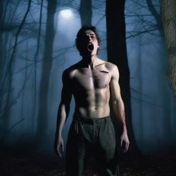 A photorealistic image of an attractive young man in dark woods under a full moon