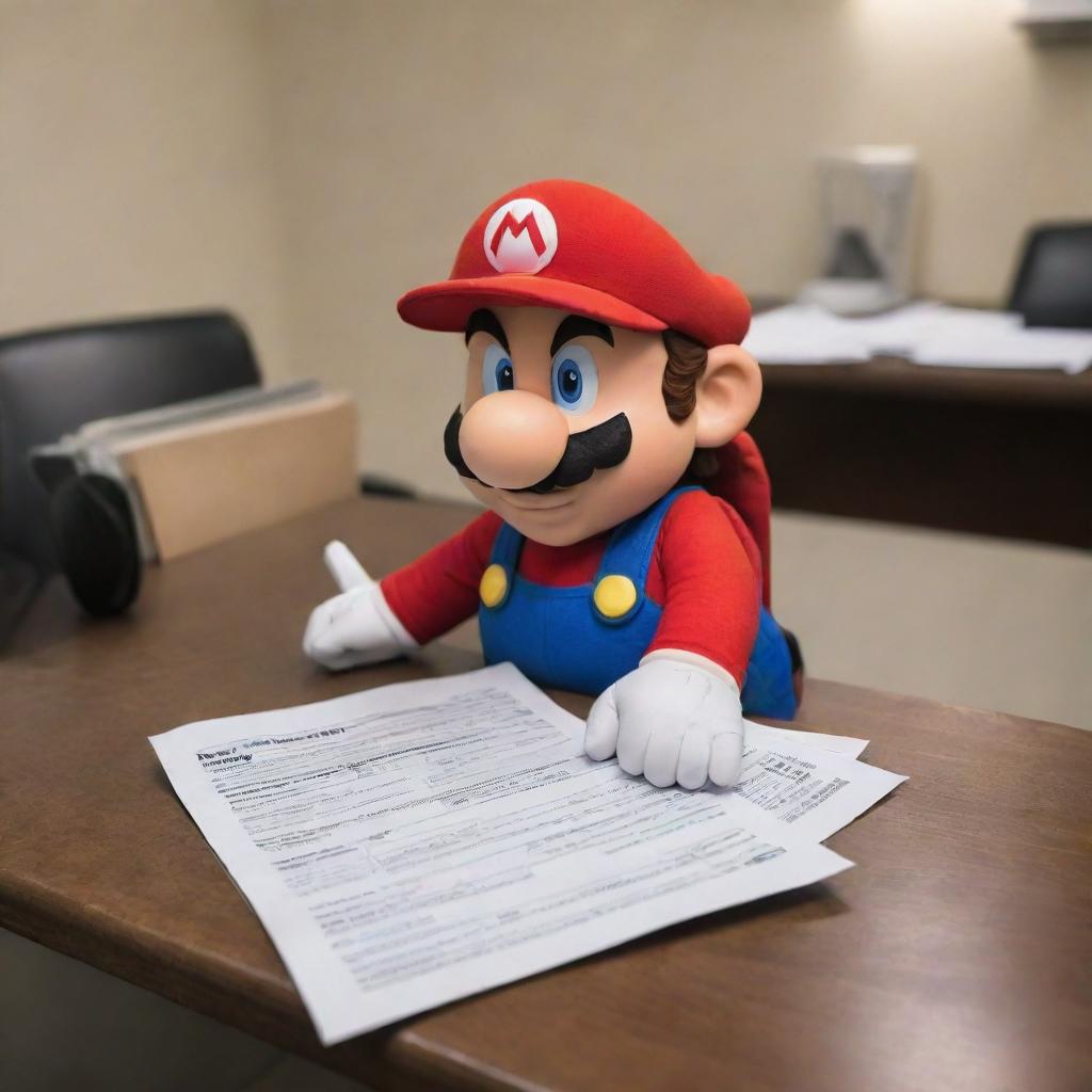 A humorous scenario featuring Mario from Super Mario Bros. diligently filling out IRS tax forms, swapped from his usual adventures in Mushroom Kingdom to an encounter with real-world paperwork.