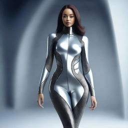 A girl wearing a futuristic suit that is sleek and form-fitting, highlighting her curvy figure