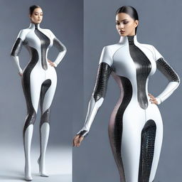 A girl wearing a futuristic suit that is sleek and form-fitting, highlighting her curvy figure