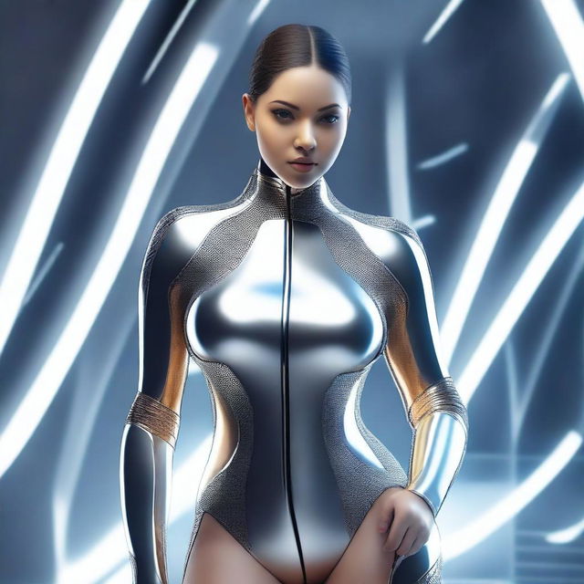 A girl wearing a futuristic suit that is sleek and form-fitting, highlighting her curvy figure