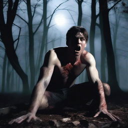 A photorealistic image of an attractive young man in dark woods under a full moon