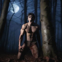 A photorealistic image of an attractive young man in dark woods under a full moon