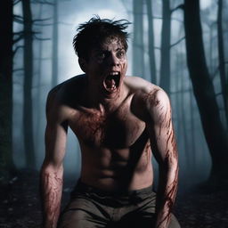 A photorealistic image of an attractive young man in dark woods under a full moon