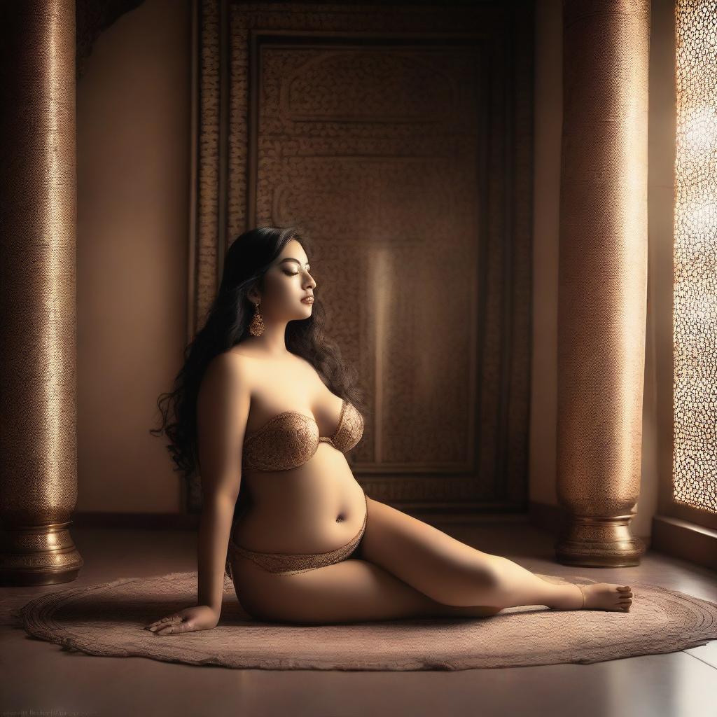 A curvy girl with a voluptuous figure, depicted in a sensual pose inspired by Kamasutra