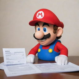 A humorous scenario featuring Mario from Super Mario Bros. diligently filling out IRS tax forms, swapped from his usual adventures in Mushroom Kingdom to an encounter with real-world paperwork.