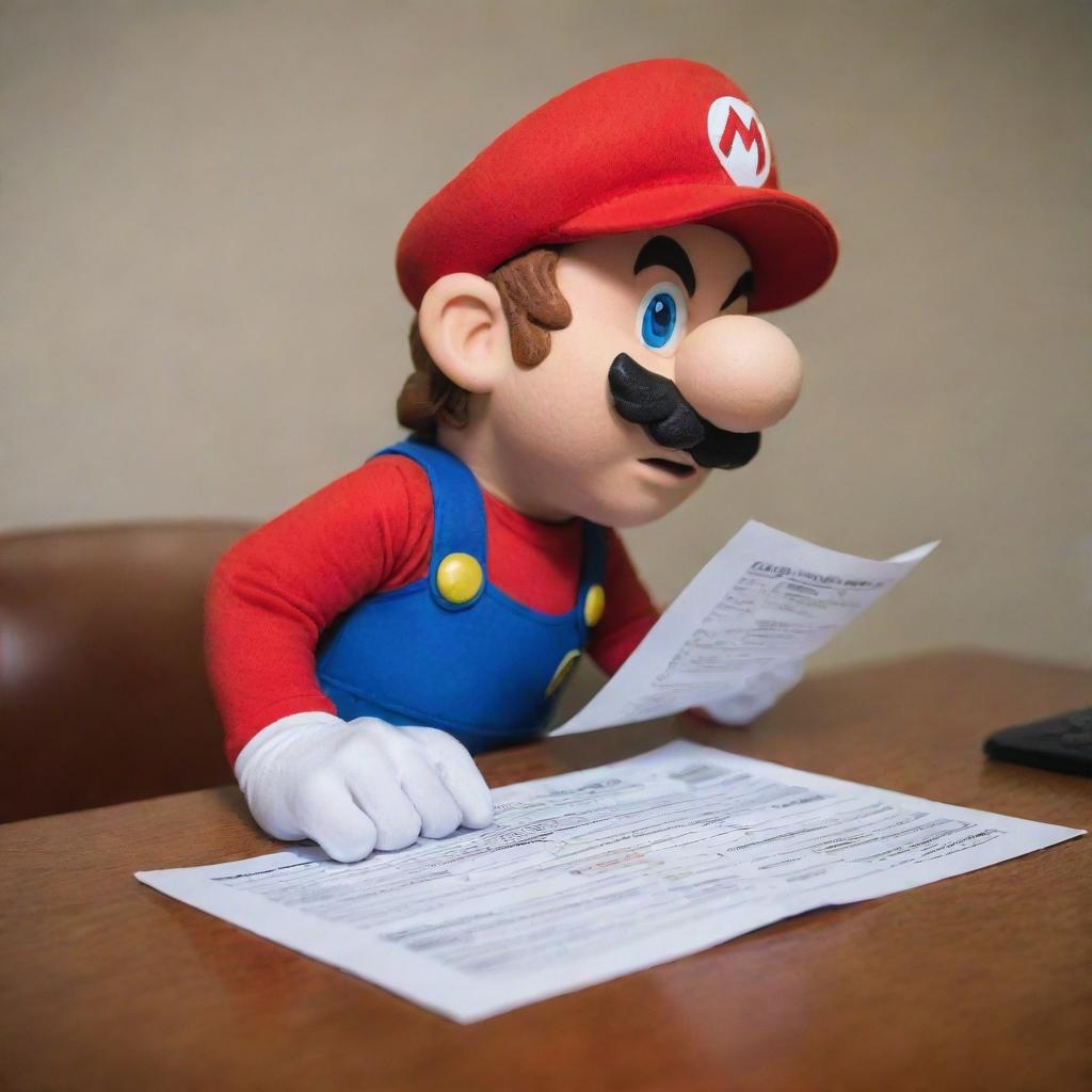 A humorous scenario featuring Mario from Super Mario Bros. diligently filling out IRS tax forms, swapped from his usual adventures in Mushroom Kingdom to an encounter with real-world paperwork.