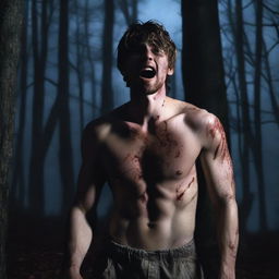 A photorealistic image of an attractive young man in dark woods under a full moon