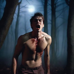 A photorealistic image of an attractive young man in dark woods under a full moon