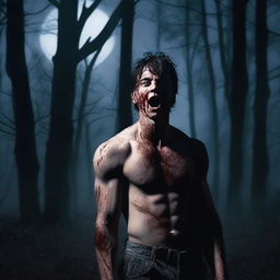 A photorealistic image of an attractive young man in dark woods under a full moon