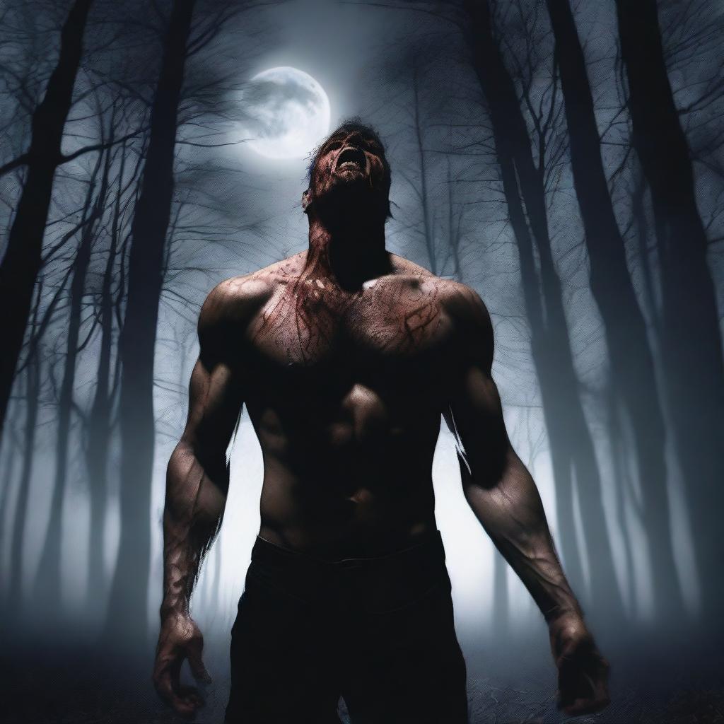 A photorealistic image of a man in dark woods under a full moon