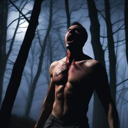 A photorealistic image of a man in dark woods under a full moon