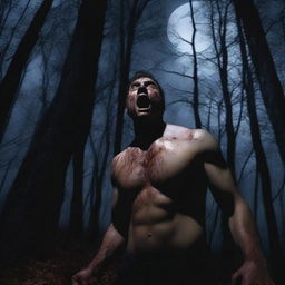 A photorealistic image of a man in dark woods under a full moon