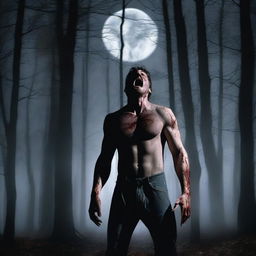 A photorealistic image of a man in dark woods under a full moon