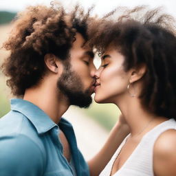 A young woman with curly hair and a nose ring is kissing someone