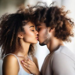 A young woman with curly hair and a nose ring is kissing someone