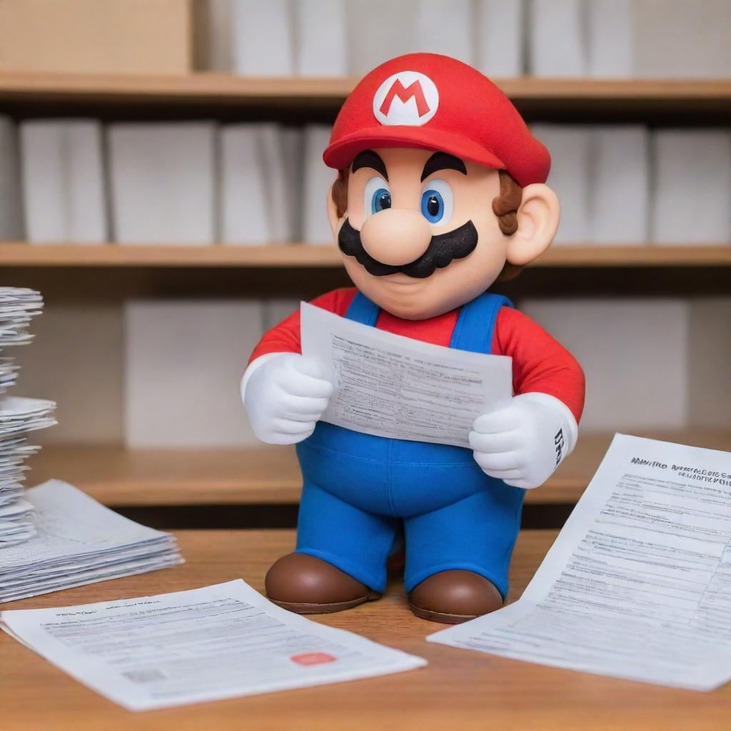 A humorous scenario featuring Mario from Super Mario Bros. diligently filling out IRS tax forms, swapped from his usual adventures in Mushroom Kingdom to an encounter with real-world paperwork.