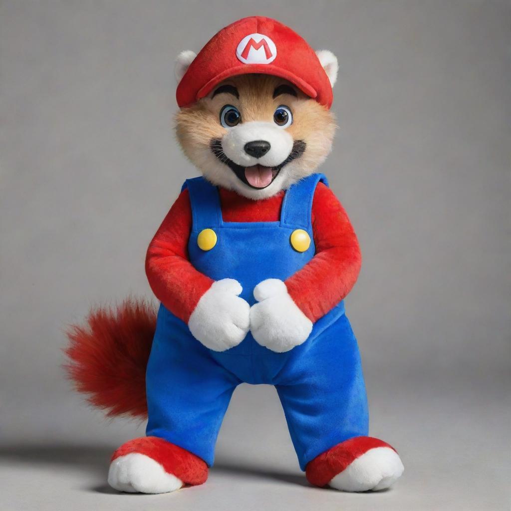 An adventurous twist on the iconic video game character, presenting Mario from Super Mario Bros. as a furry. His familiar red and blue attire is given a new spin with anthropomorphic animal features.