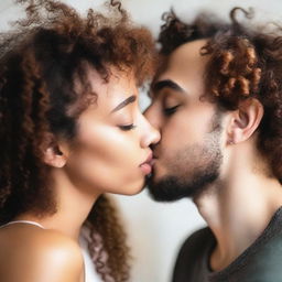 A young woman with curly hair and a nose ring is kissing someone