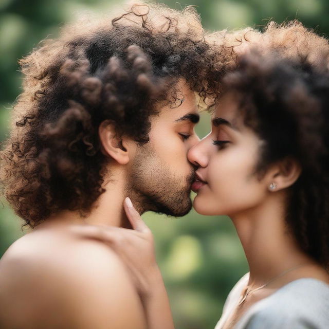 A young woman with curly hair and a nose ring is kissing someone