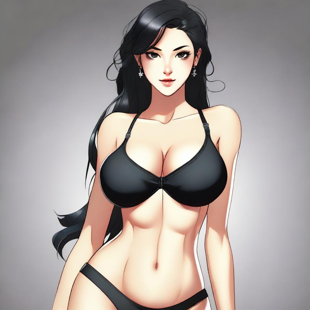 A female character with an extremely exaggerated and unnatural bust size, wearing a black bra