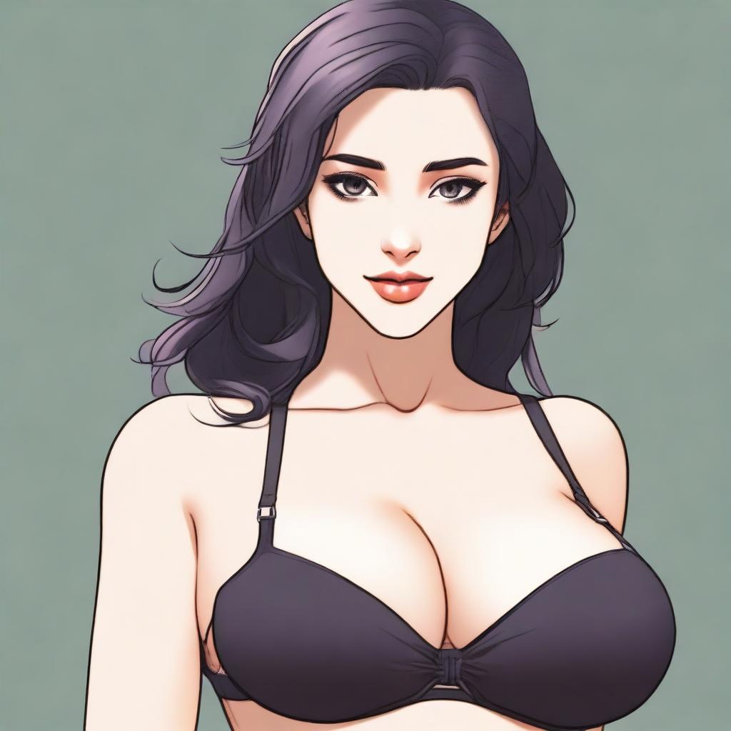 A female character with an extremely exaggerated and unnatural bust size, wearing a black bra