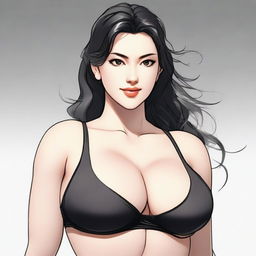 A female character with an extremely exaggerated and unnatural bust size, wearing a black bra