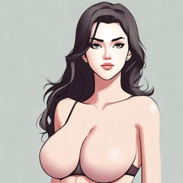 A female character with an extremely exaggerated and unnatural bust size, wearing a black bra