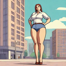 A gigantic woman standing next to a building, towering over it