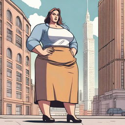 A gigantic woman standing next to a building, towering over it