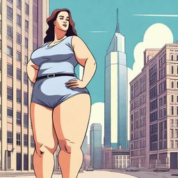 A gigantic woman standing next to a building, towering over it