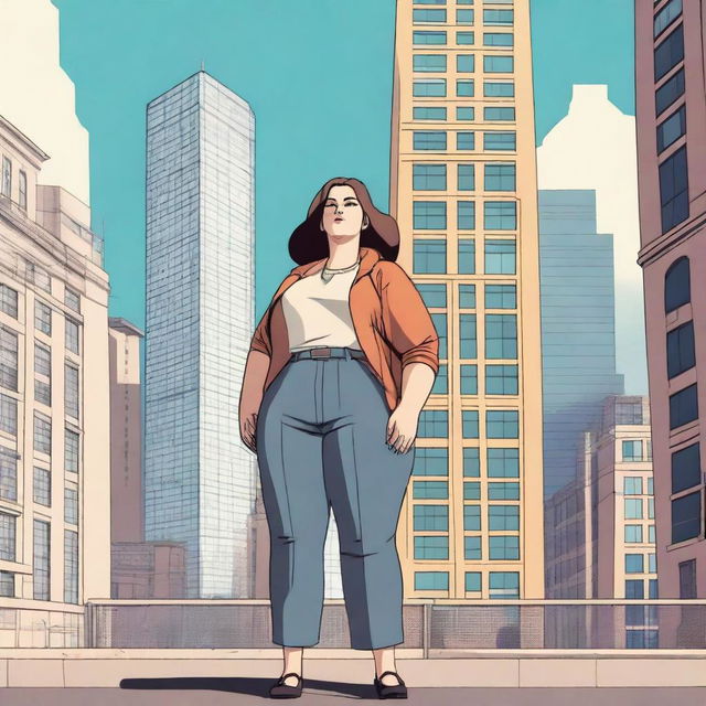 A gigantic woman standing next to a building, towering over it