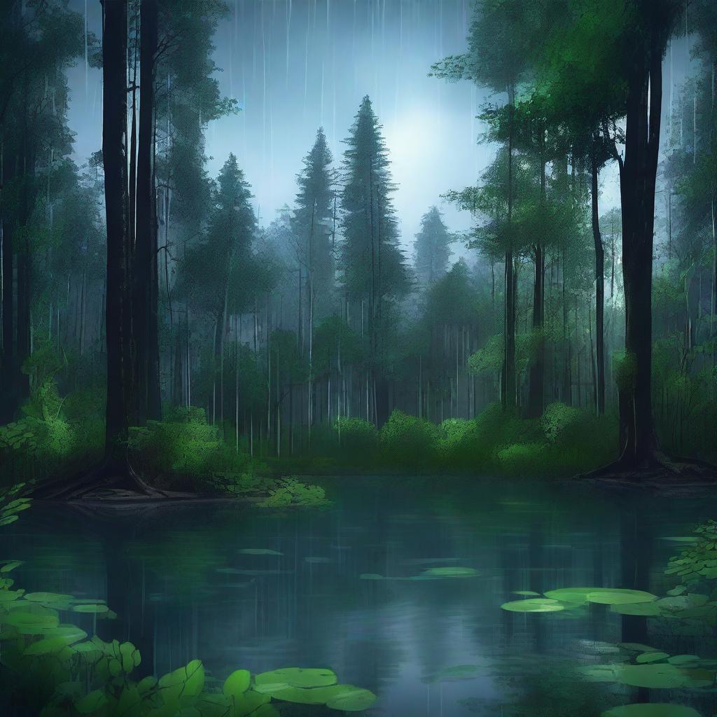 A serene nighttime scene with gentle rain falling in a peaceful forest