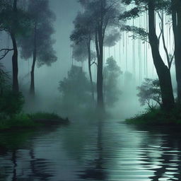 A serene nighttime scene with gentle rain falling in a peaceful forest