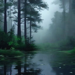 A serene nighttime scene with gentle rain falling in a peaceful forest