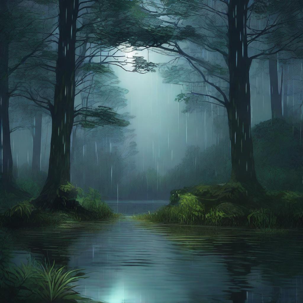 A serene nighttime scene with gentle rain falling in a peaceful forest