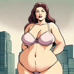 A gigantic woman, as tall as a building, with exaggeratedly large chest and hips, wearing a bra