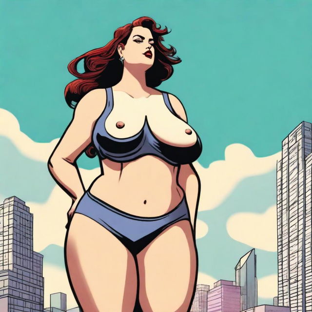 A gigantic woman, as tall as a building, with exaggeratedly large chest and hips, wearing a bra