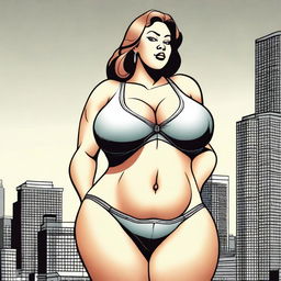 A gigantic woman, as tall as a building, with exaggeratedly large chest and hips, wearing a bra