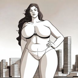 A gigantic woman, as tall as a building, with exaggeratedly large chest and hips, wearing a bra