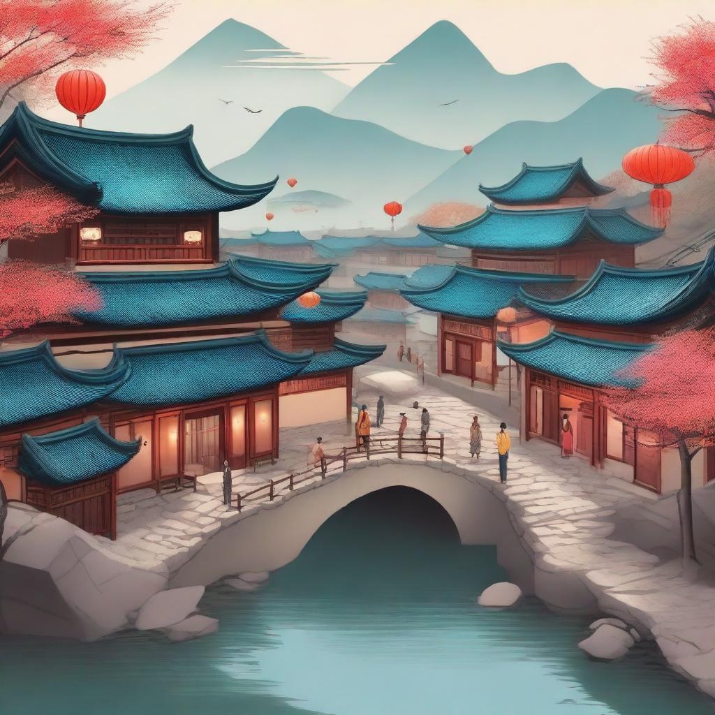 A detailed illustration of an ancient Chinese village