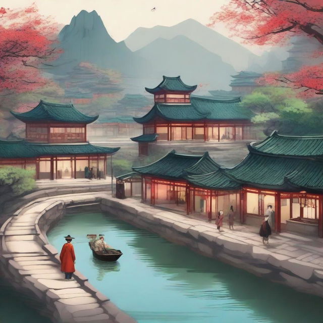 A detailed illustration of an ancient Chinese village