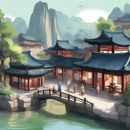 A detailed illustration of an ancient Chinese village