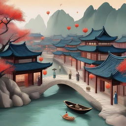 A detailed illustration of an ancient Chinese village