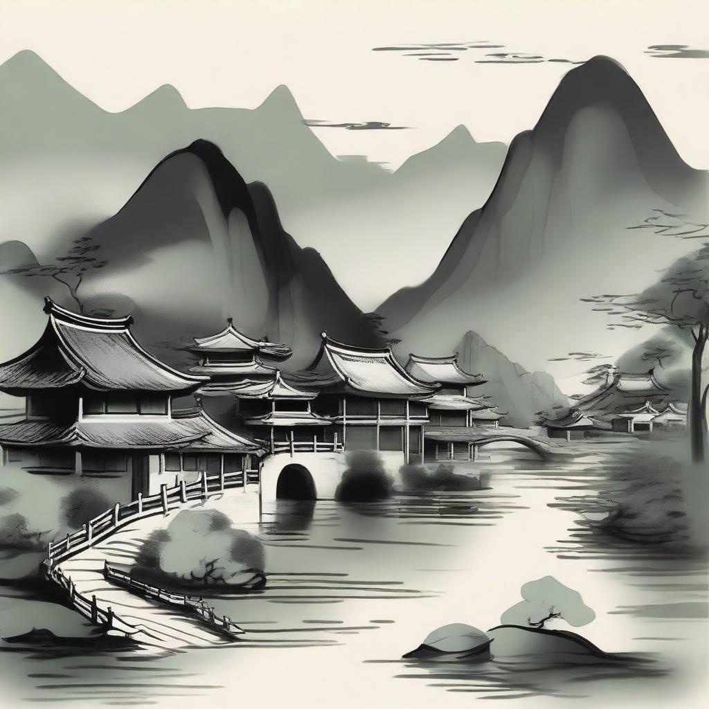 A serene ancient Chinese village depicted in traditional Chinese ink style