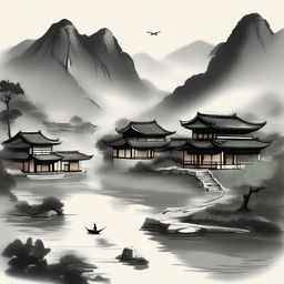 A serene ancient Chinese village depicted in traditional Chinese ink style