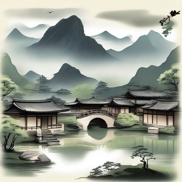 A serene ancient Chinese village depicted in traditional Chinese ink style