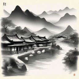 A serene ancient Chinese village depicted in traditional Chinese ink style